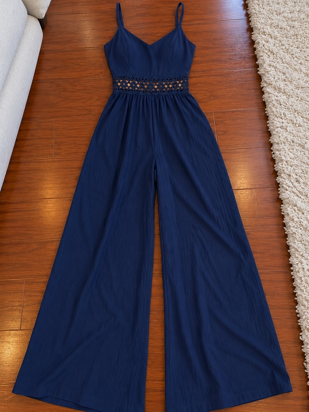 Navy Crochet-Waist Wide-Leg Jumpsuit